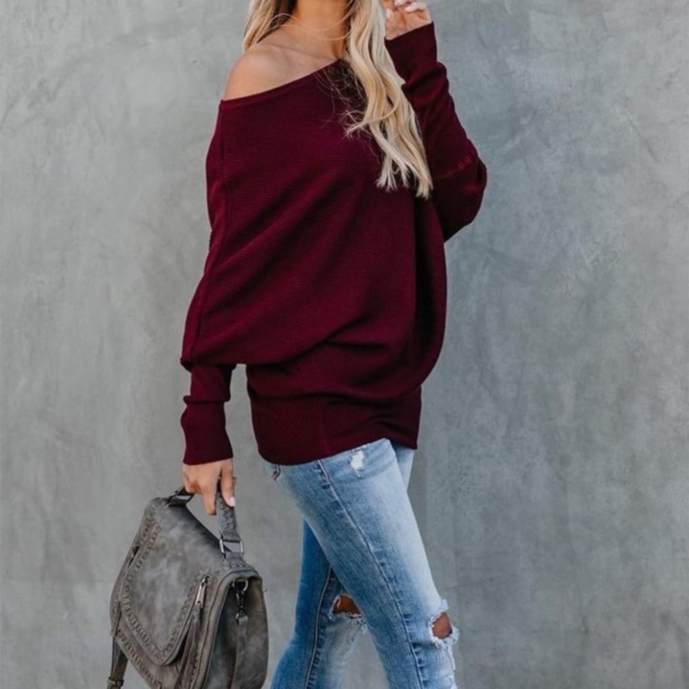 women off shoulder off shoulder burgundy sweater tops loose casual knit
